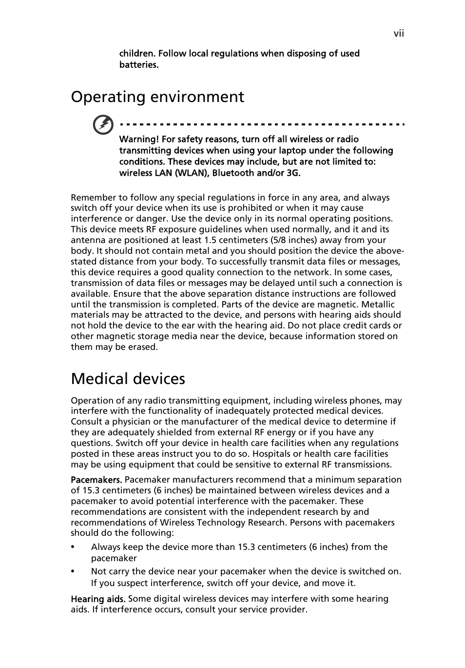Operating environment, Medical devices | Acer Aspire One AO722 User Manual | Page 9 / 1810