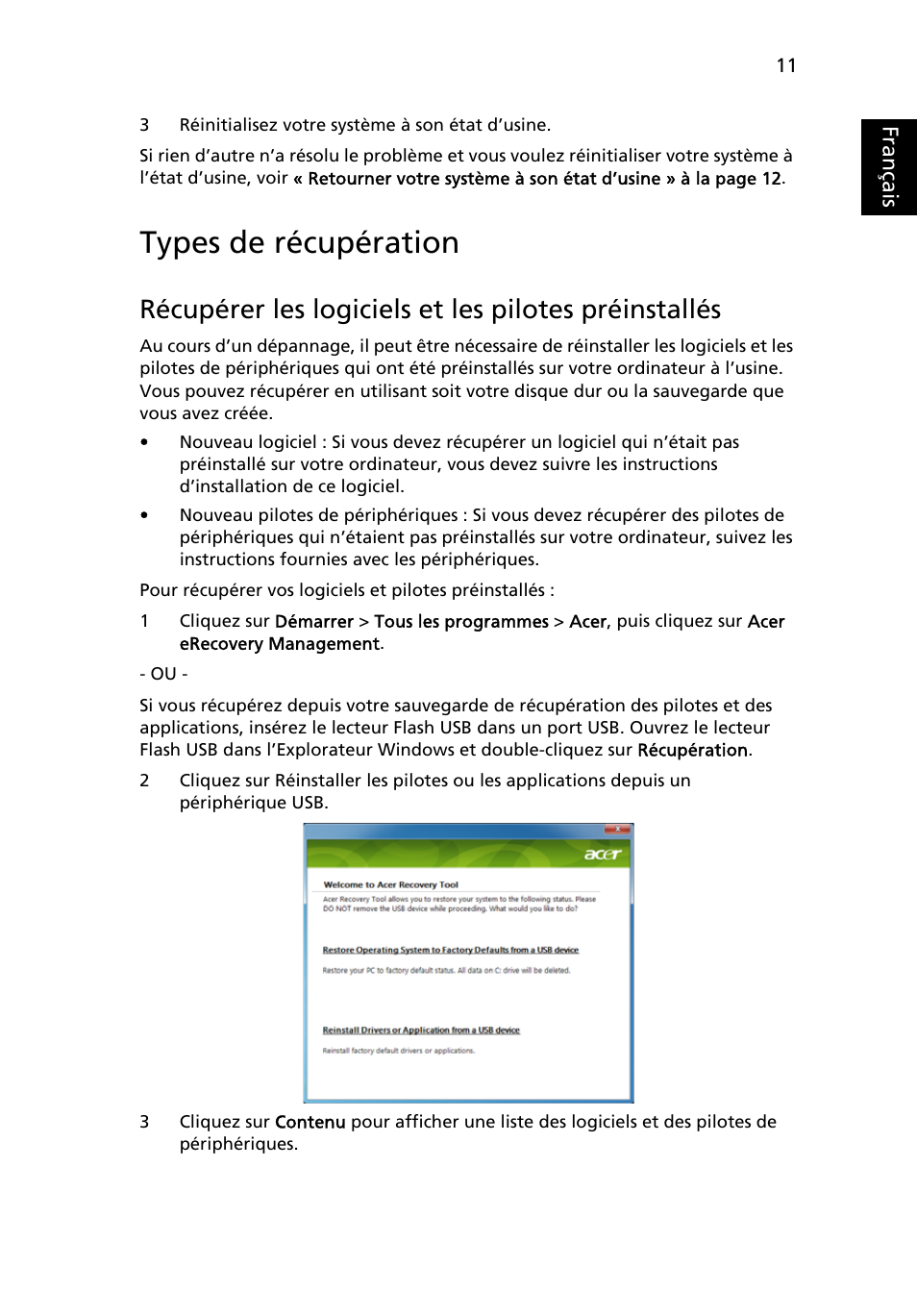 Types de récupération, Récupérer les logiciels et les pilotes, Français | Acer Aspire One AO722 User Manual | Page 91 / 1810