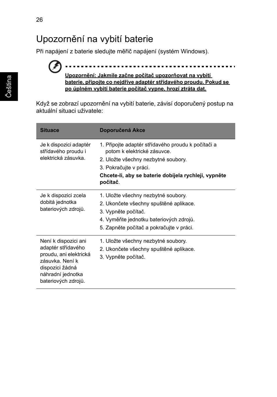 Upozornění na vybití baterie | Acer Aspire One AO722 User Manual | Page 932 / 1810
