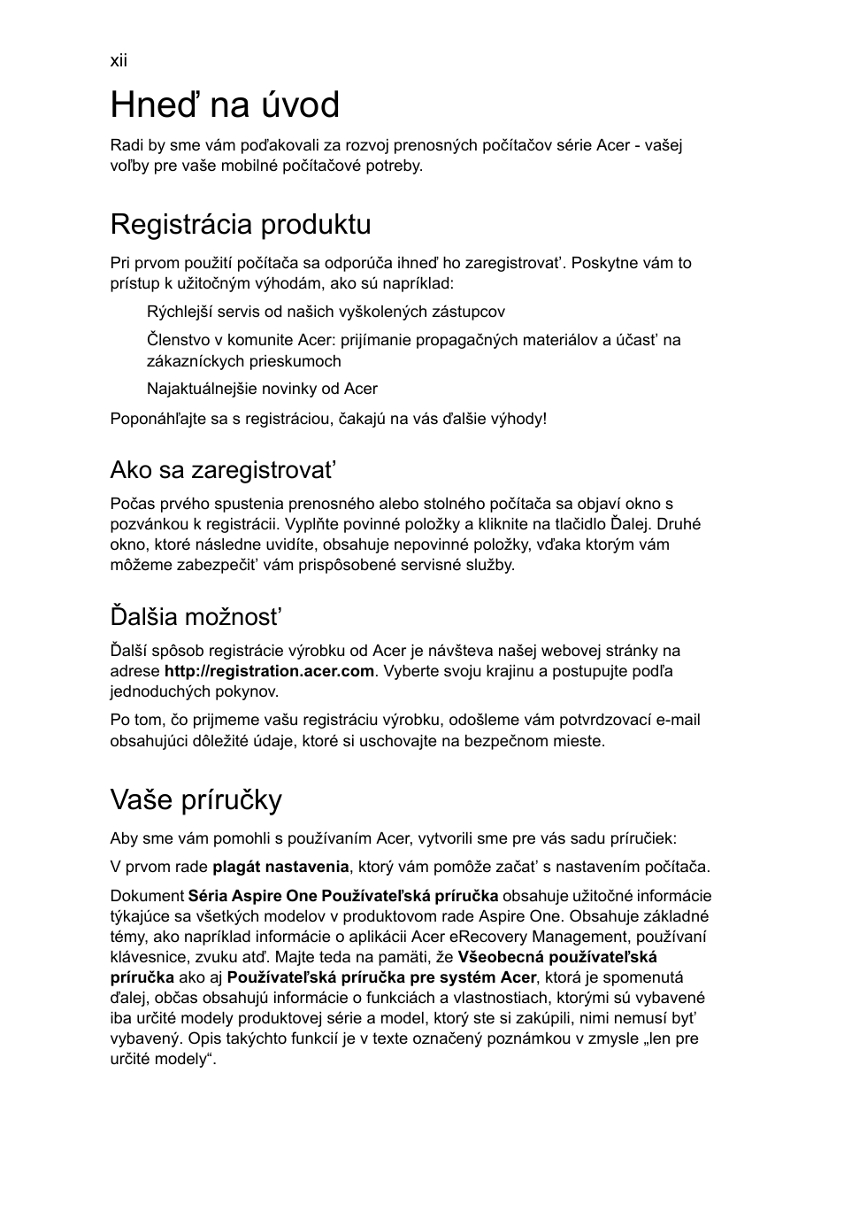 Hneď na úvod, Registrácia produktu, Vaše príručky | Ako sa zaregistrovat, Ďalšia možnost | Acer Aspire One AO722 User Manual | Page 960 / 1810