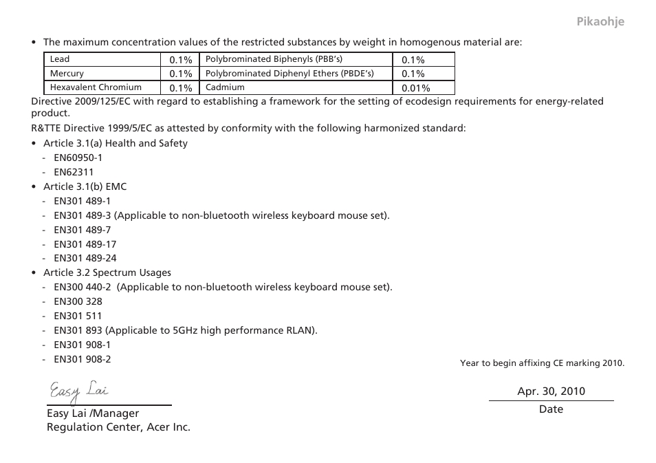 Ce declaration of conformity | Acer Aspire One AO753 User Manual | Page 127 / 374