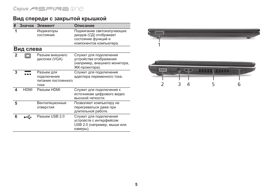 Вид спереди с закрытой крышкой, Вид слева, Cерия | Acer Aspire One AO753 User Manual | Page 144 / 374