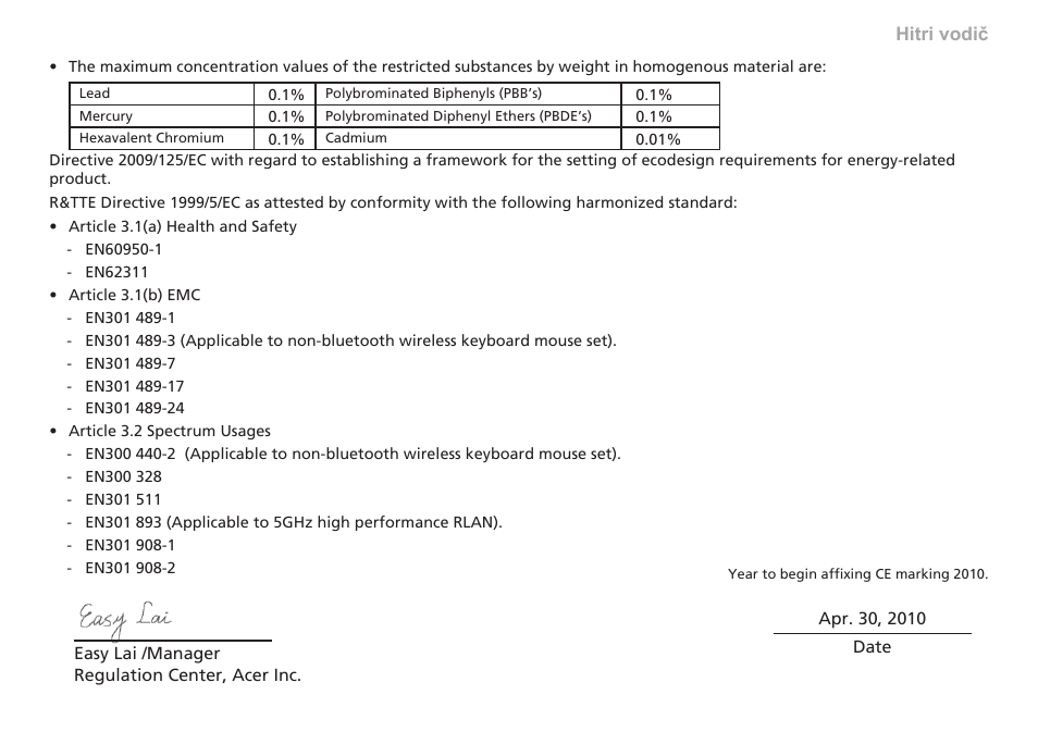 Ce declaration of conformity | Acer Aspire One AO753 User Manual | Page 199 / 374