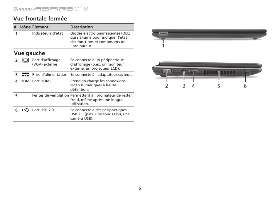 Vue frontale fermée, Vue gauche, Gamme | Acer Aspire One AO753 User Manual | Page 24 / 374