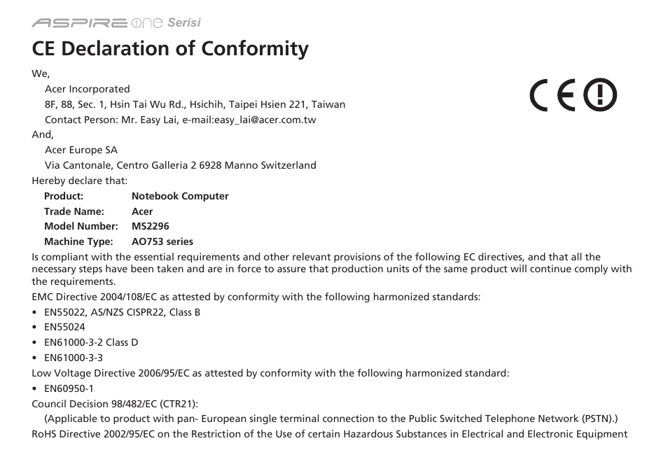 Ce declaration of conformity | Acer Aspire One AO753 User Manual | Page 294 / 374