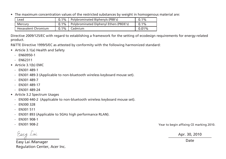 Ce declaration of conformity | Acer Aspire One AO753 User Manual | Page 307 / 374