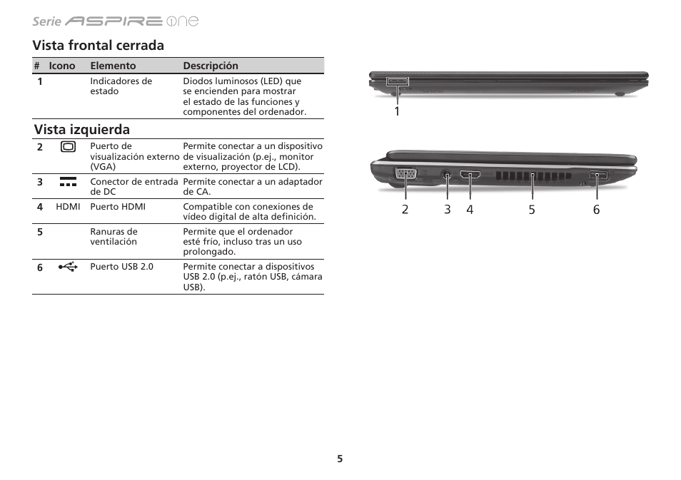 Vista frontal cerrada, Vista izquierda, Serie | Acer Aspire One AO753 User Manual | Page 60 / 374