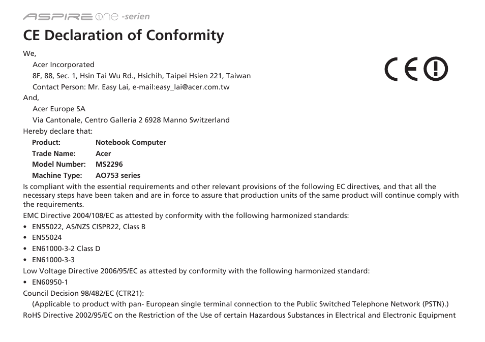 Ce declaration of conformity | Acer Aspire One AO753 User Manual | Page 90 / 374