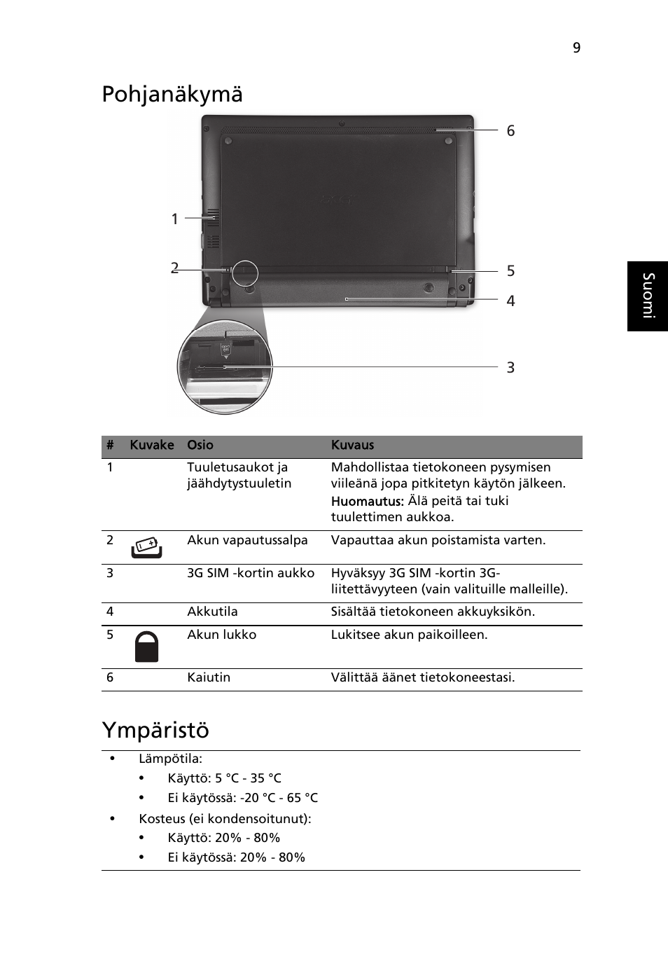 Pohjanäkymä, Ympäristö, Pohjanäkymä ympäristö | Acer Aspire One AOD255 User Manual | Page 113 / 299