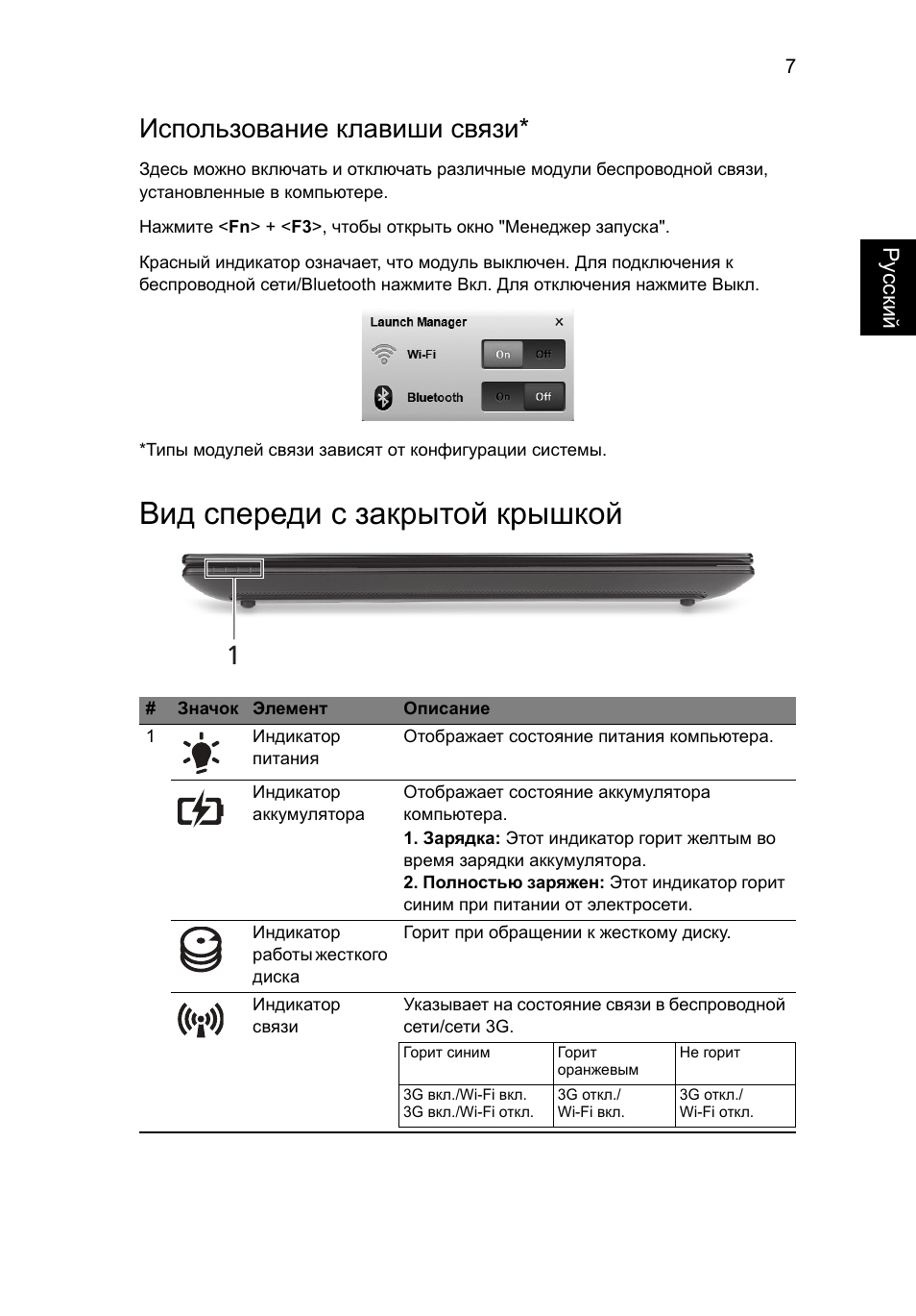 Вид спереди с закрытой крышкой, Использование клавиши связи | Acer Aspire One AOD255 User Manual | Page 121 / 299
