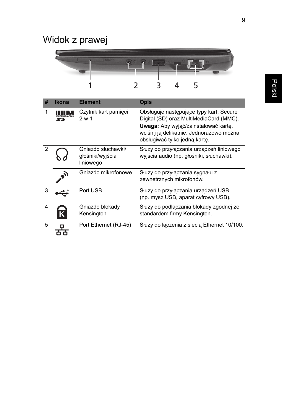 Widok z prawej | Acer Aspire One AOD255 User Manual | Page 135 / 299