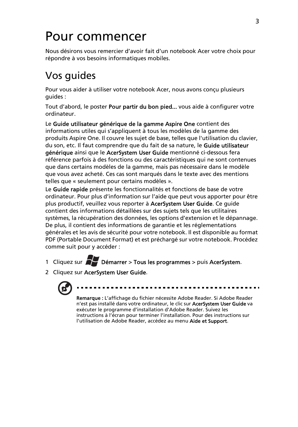 Pour commencer, Vos guides | Acer Aspire One AOD255 User Manual | Page 15 / 299