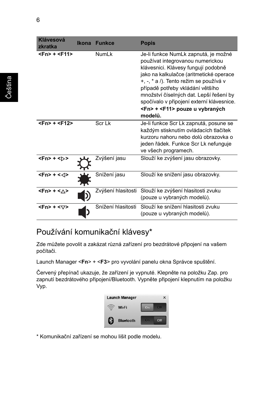 Používání komunikační klávesy | Acer Aspire One AOD255 User Manual | Page 152 / 299