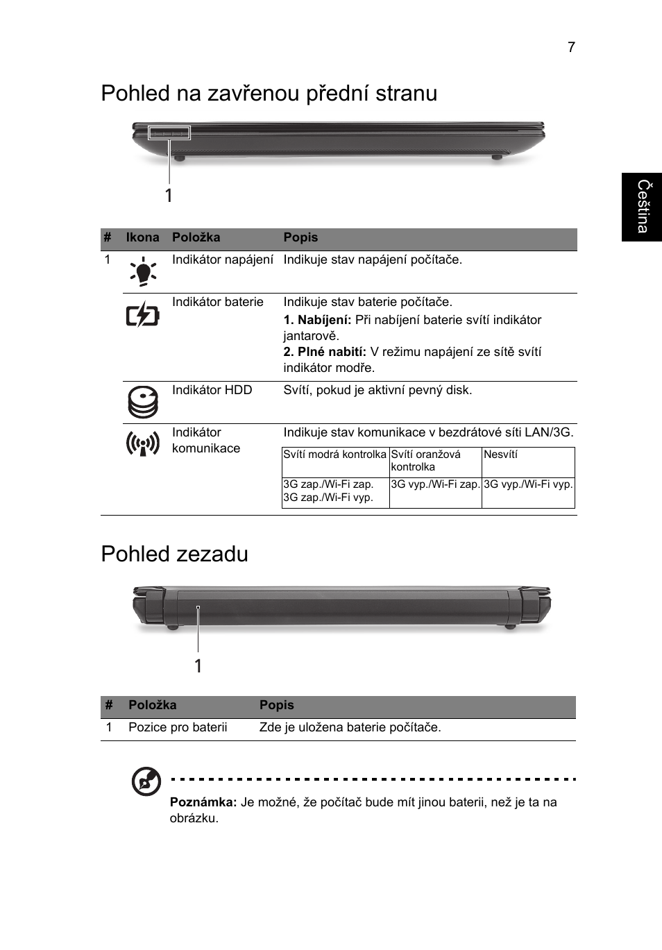 Pohled na zavřenou přední stranu, Pohled zezadu, Pohled na zavřenou přední stranu pohled zezadu | Acer Aspire One AOD255 User Manual | Page 153 / 299