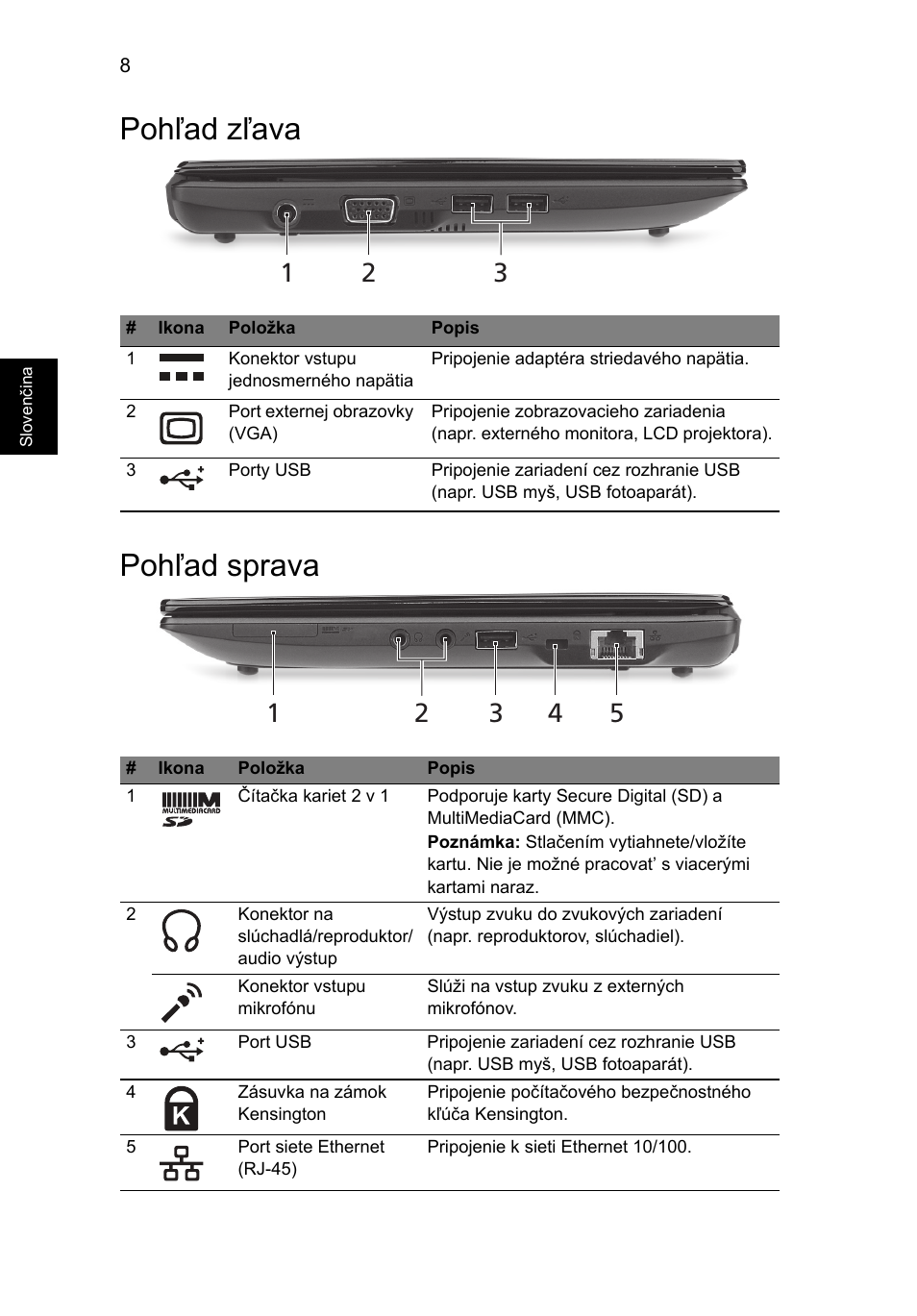 Pohľad zľava, Pohľad sprava, Pohľad zľava pohľad sprava | Acer Aspire One AOD255 User Manual | Page 164 / 299