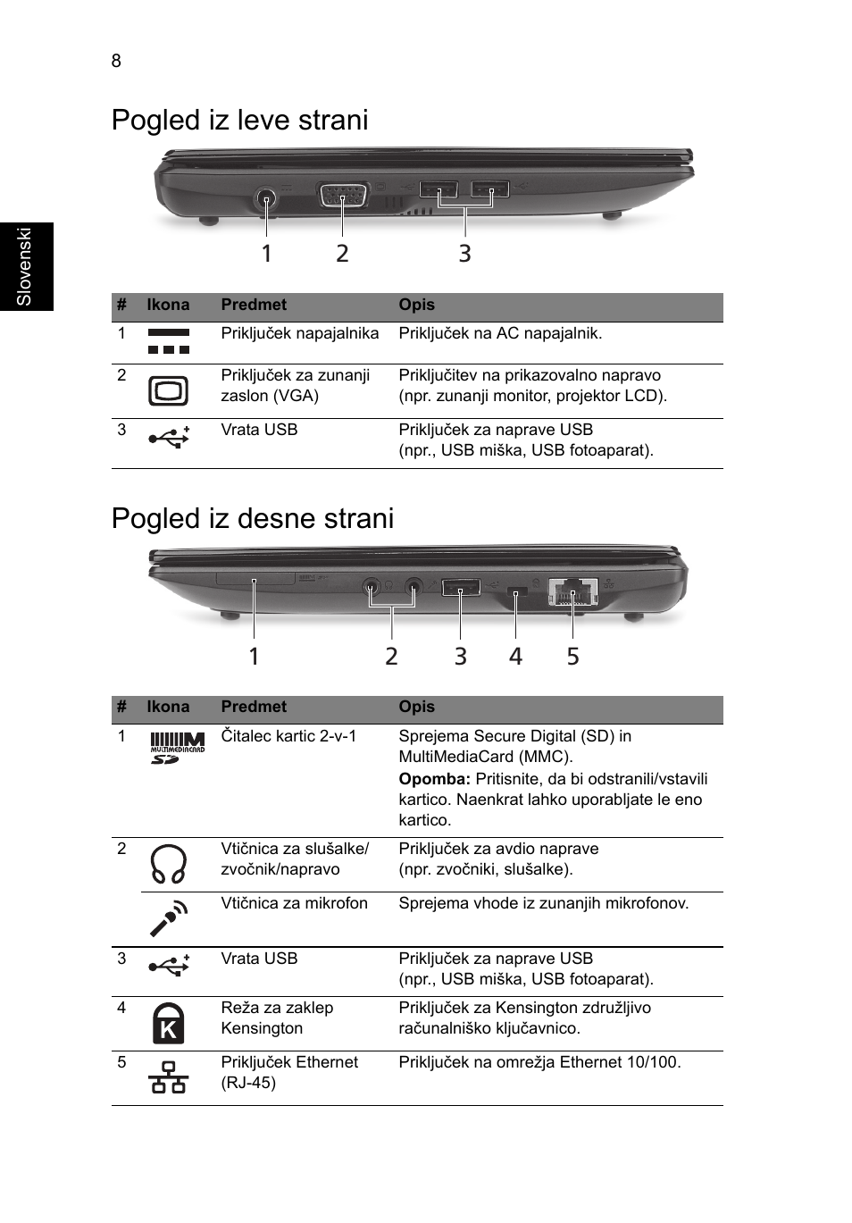 Pogled iz leve strani, Pogled iz desne strani, Pogled iz leve strani pogled iz desne strani | Acer Aspire One AOD255 User Manual | Page 174 / 299