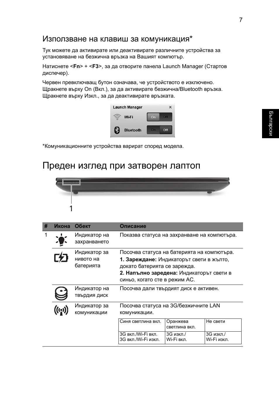 Преден изглед при затворен лаптоп, Използване на клавиш за комуникация | Acer Aspire One AOD255 User Manual | Page 203 / 299