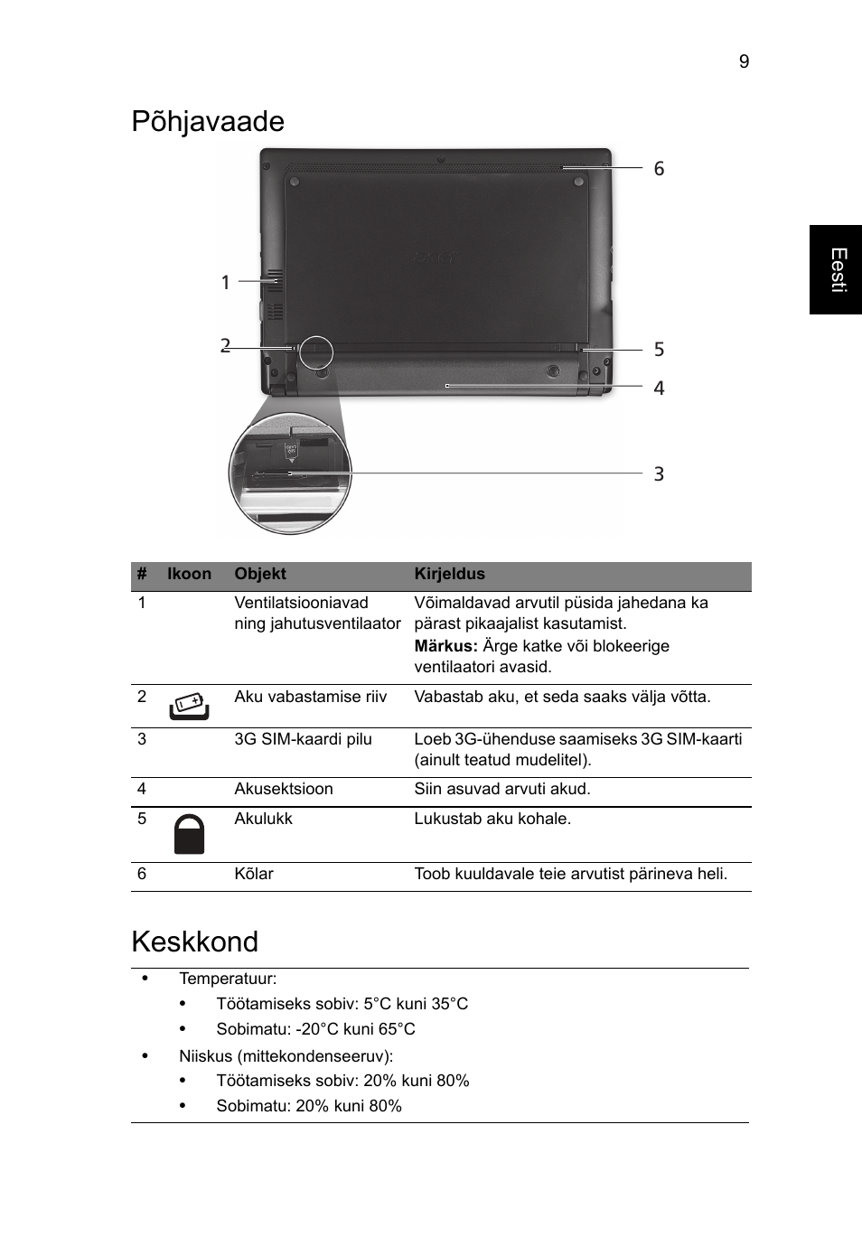 Põhjavaade, Keskkond, Põhjavaade keskkond | Acer Aspire One AOD255 User Manual | Page 217 / 299