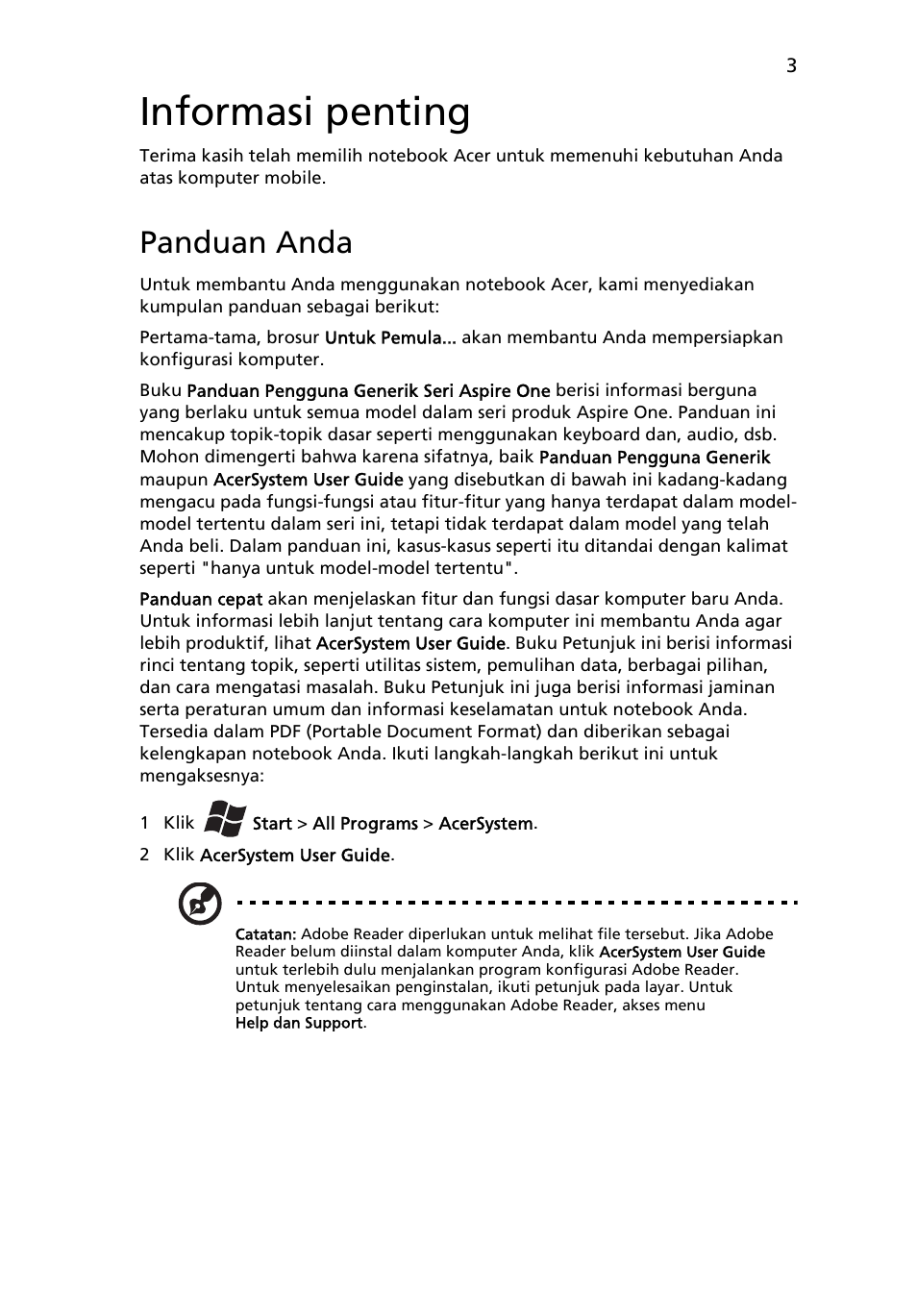Informasi penting, Panduan anda | Acer Aspire One AOD255 User Manual | Page 283 / 299