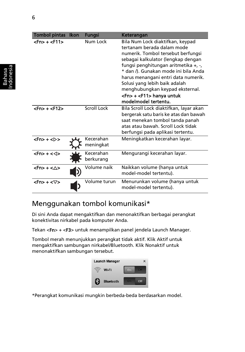 Menggunakan tombol komunikasi | Acer Aspire One AOD255 User Manual | Page 286 / 299
