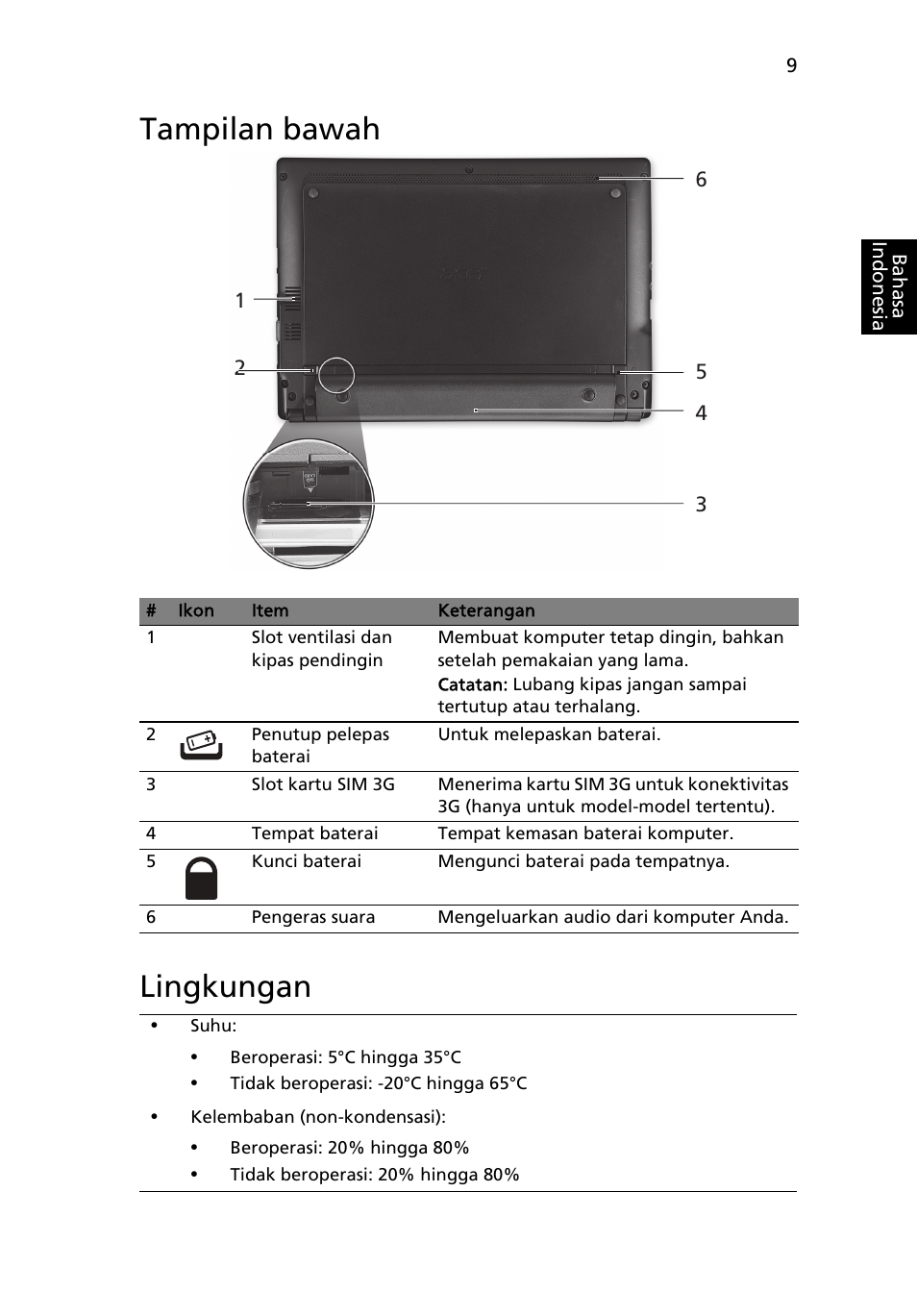 Tampilan bawah, Lingkungan, Tampilan bawah lingkungan | Acer Aspire One AOD255 User Manual | Page 289 / 299