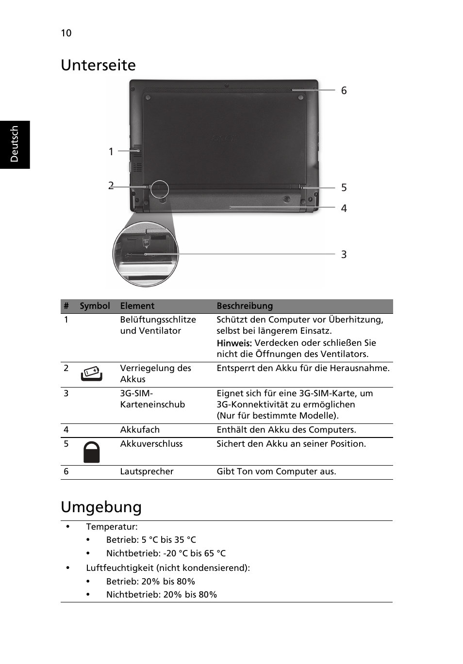 Unterseite, Umgebung, Unterseite umgebung | Acer Aspire One AOD255 User Manual | Page 34 / 299