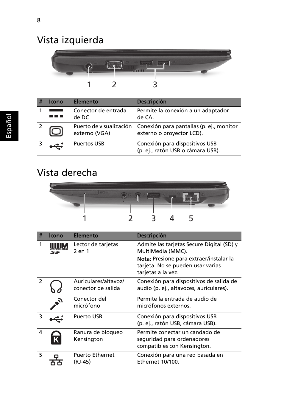 Vista izquierda, Vista derecha, Vista izquierda vista derecha | Acer Aspire One AOD255 User Manual | Page 52 / 299