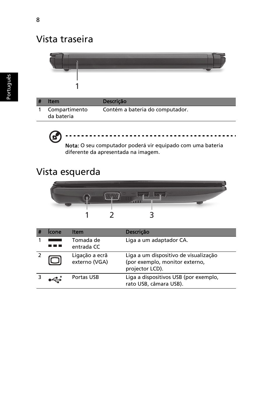 Vista traseira, Vista esquerda | Acer Aspire One AOD255 User Manual | Page 62 / 299