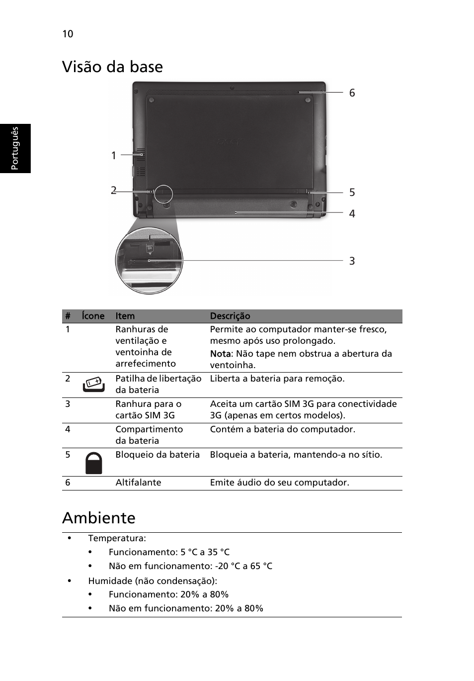 Visão da base, Ambiente, Visão da base ambiente | Acer Aspire One AOD255 User Manual | Page 64 / 299