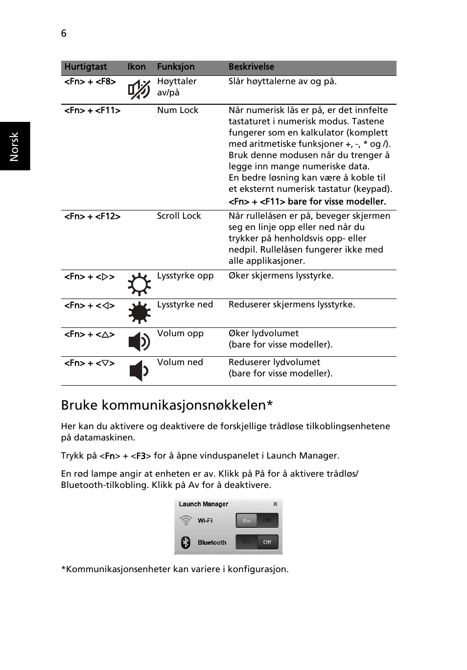 Bruke kommunikasjonsnøkkelen, Norsk | Acer Aspire One AOD255 User Manual | Page 80 / 299