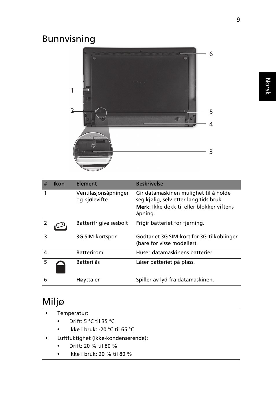 Bunnvisning, Miljø, Bunnvisning miljø | Acer Aspire One AOD255 User Manual | Page 83 / 299