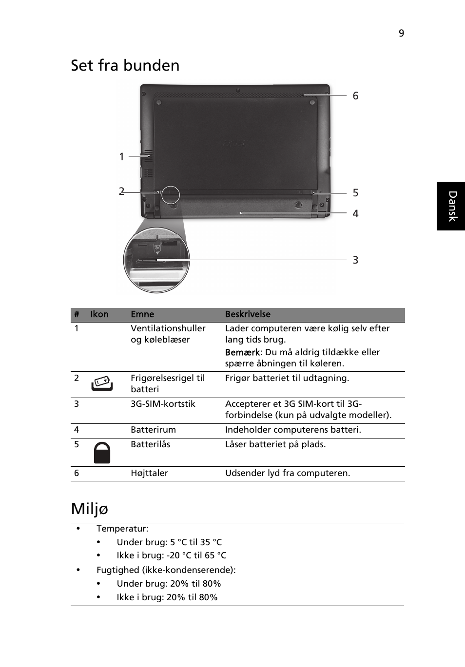 Set fra bunden, Miljø, Set fra bunden miljø | Acer Aspire One AOD255 User Manual | Page 93 / 299