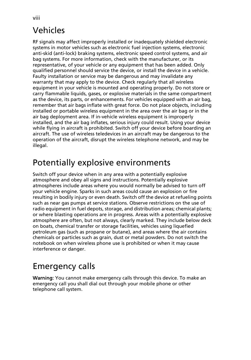 Vehicles, Potentially explosive environments, Emergency calls | Acer Aspire One AO522 User Manual | Page 10 / 1810