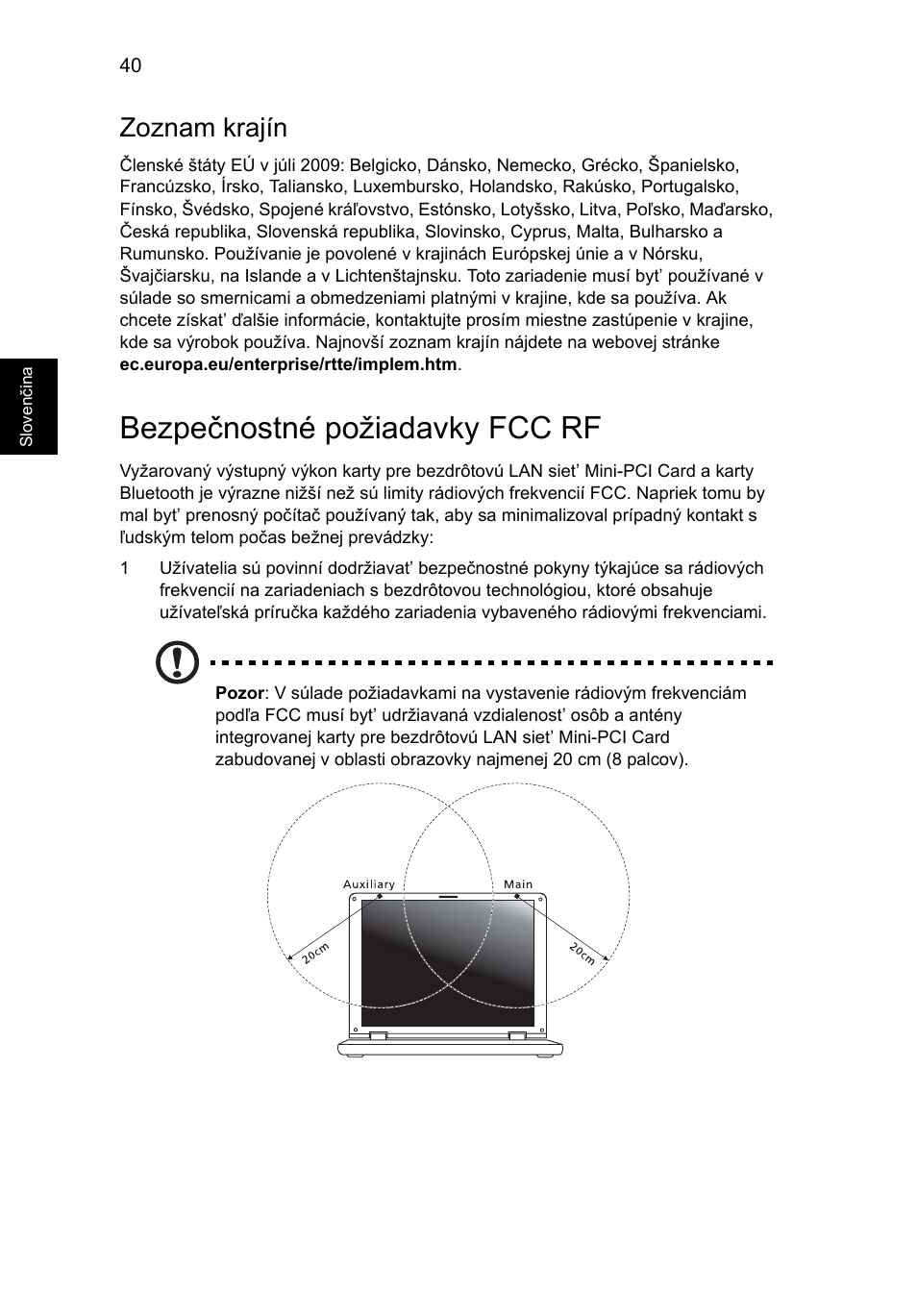 Bezpečnostné požiadavky fcc rf, Zoznam krajín | Acer Aspire One AO522 User Manual | Page 1006 / 1810