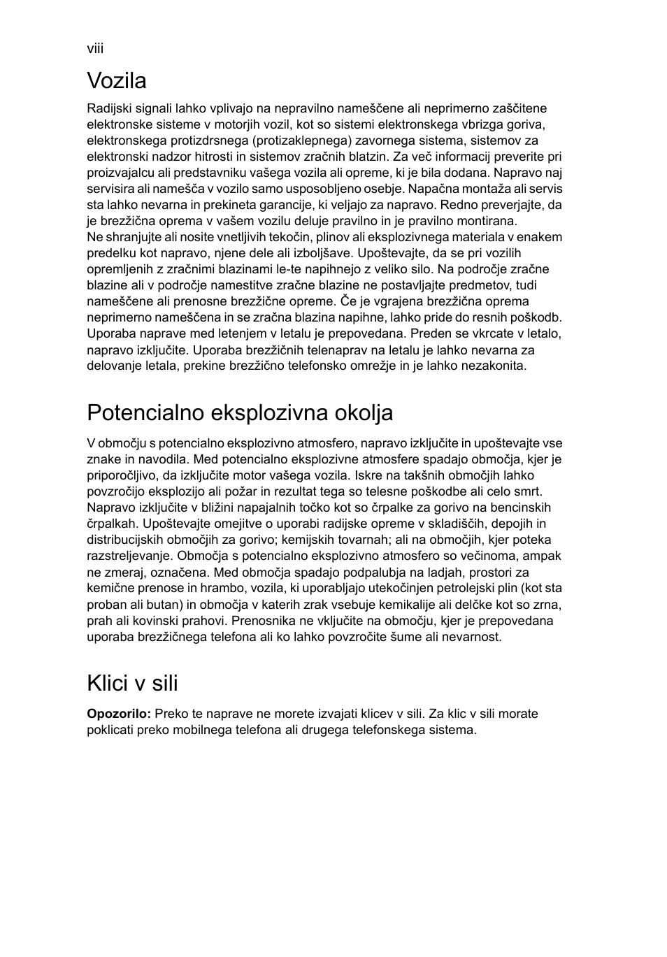 Vozila, Potencialno eksplozivna okolja, Klici v sili | Acer Aspire One AO522 User Manual | Page 1016 / 1810