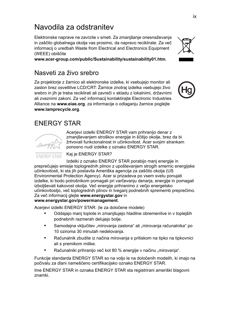 Navodila za odstranitev, Nasveti za živo srebro, Energy star | Acer Aspire One AO522 User Manual | Page 1017 / 1810