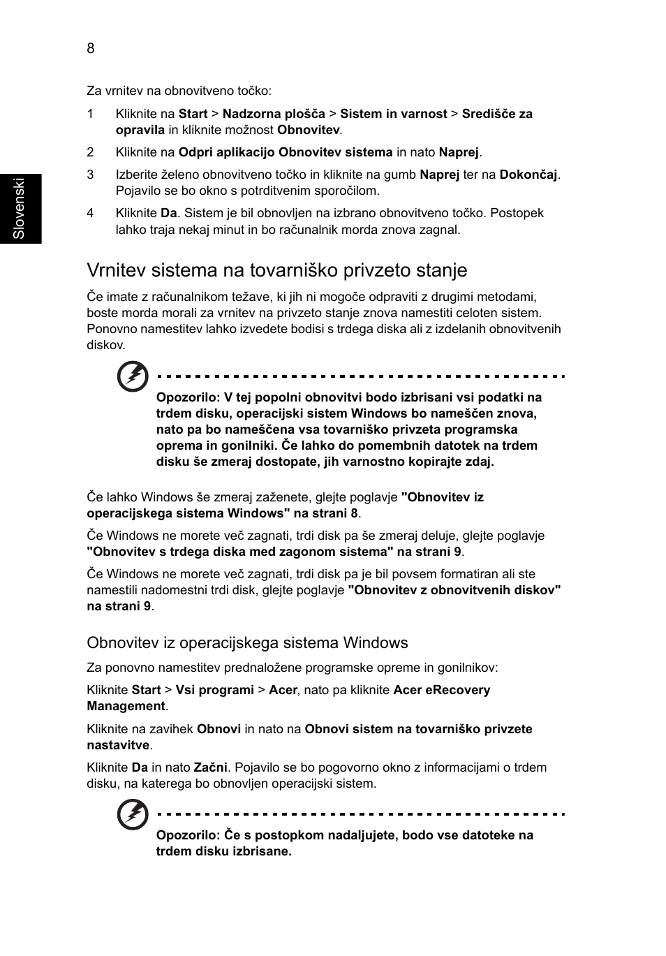 Vrnitev sistema na tovarniško privzeto stanje | Acer Aspire One AO522 User Manual | Page 1034 / 1810