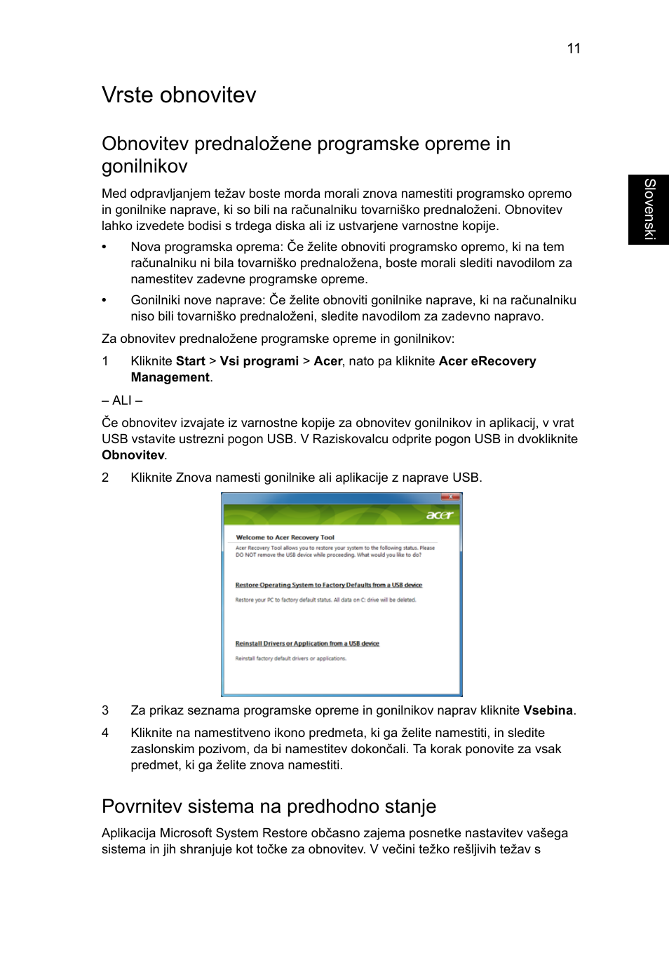 Vrste obnovitev, Povrnitev sistema na predhodno stanje | Acer Aspire One AO522 User Manual | Page 1037 / 1810