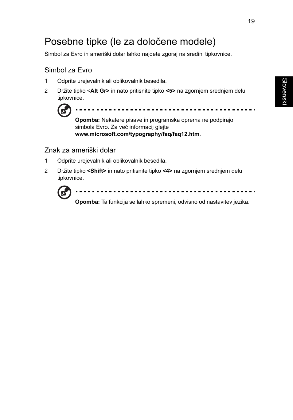 Posebne tipke (le za določene modele) | Acer Aspire One AO522 User Manual | Page 1045 / 1810