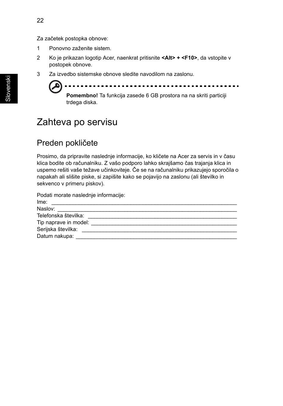 Zahteva po servisu, Preden pokličete | Acer Aspire One AO522 User Manual | Page 1048 / 1810