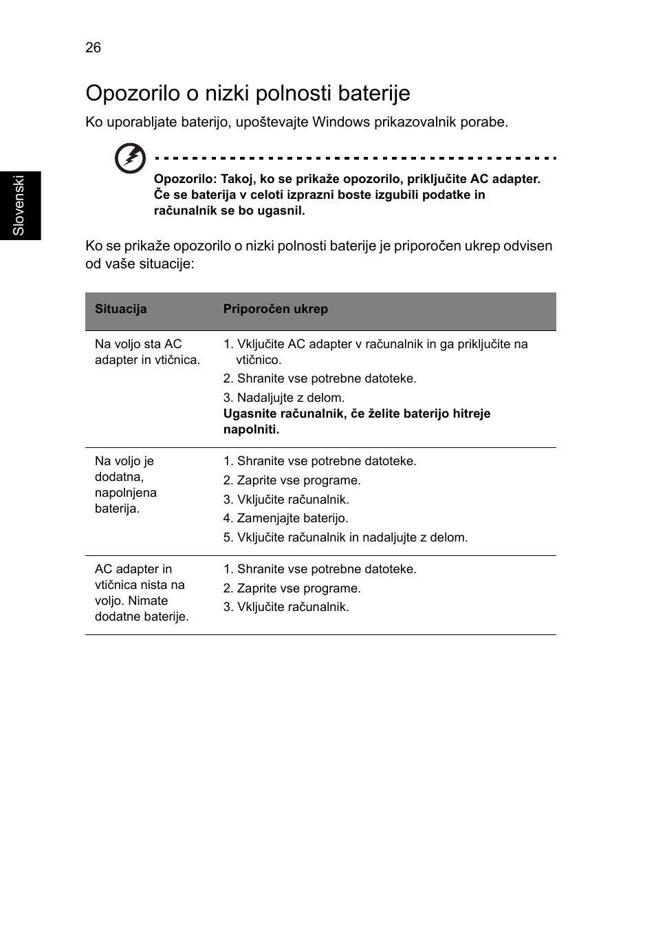 Opozorilo o nizki polnosti baterije | Acer Aspire One AO522 User Manual | Page 1052 / 1810