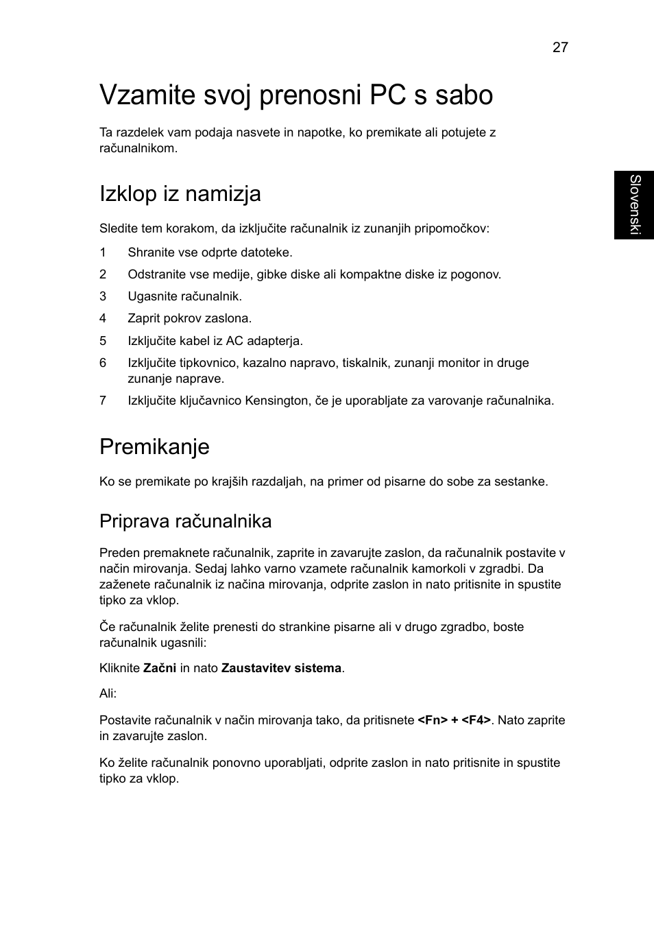 Vzamite svoj prenosni pc s sabo, Izklop iz namizja, Premikanje | Priprava računalnika | Acer Aspire One AO522 User Manual | Page 1053 / 1810