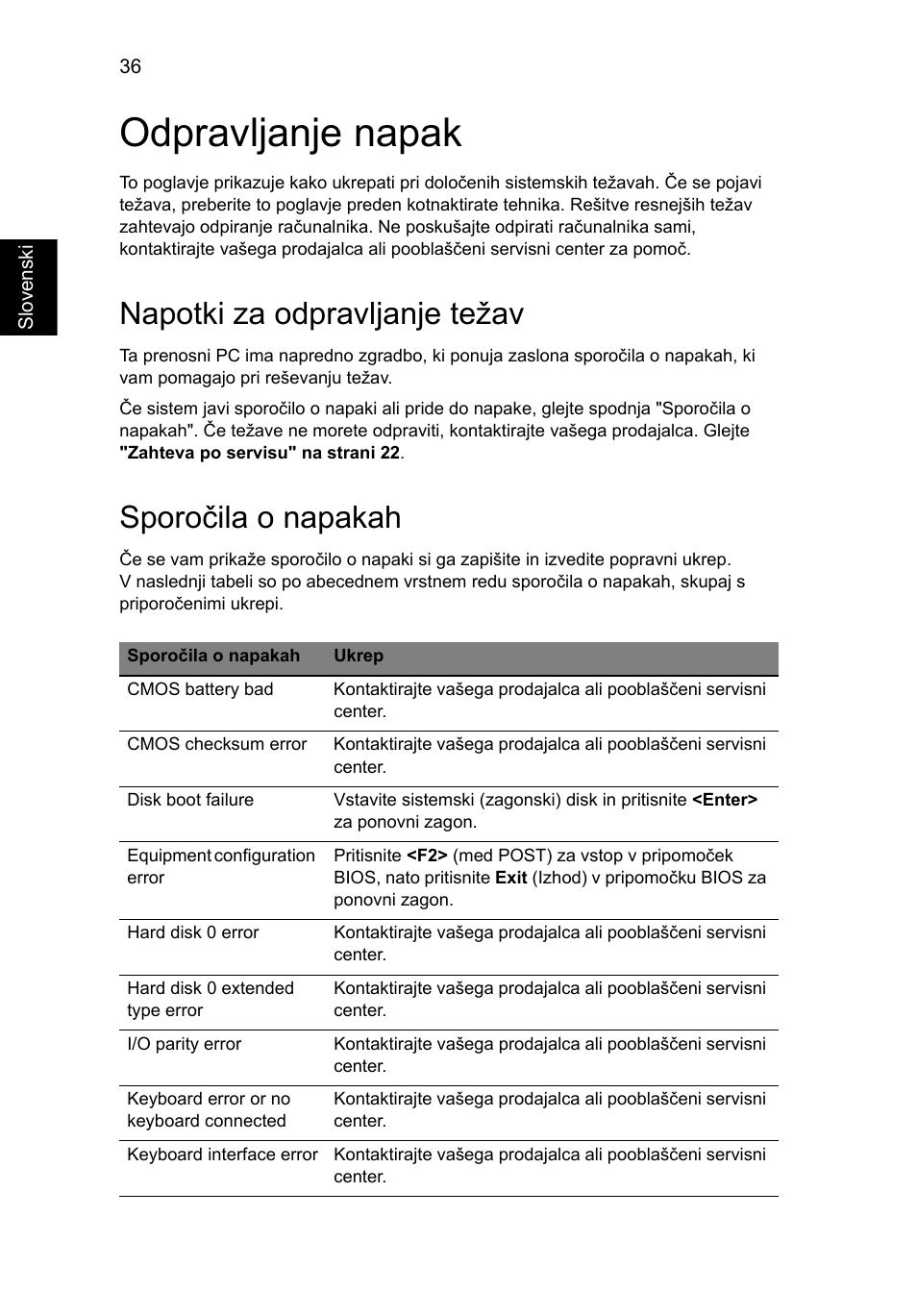 Odpravljanje napak, Napotki za odpravljanje težav, Sporočila o napakah | Acer Aspire One AO522 User Manual | Page 1062 / 1810
