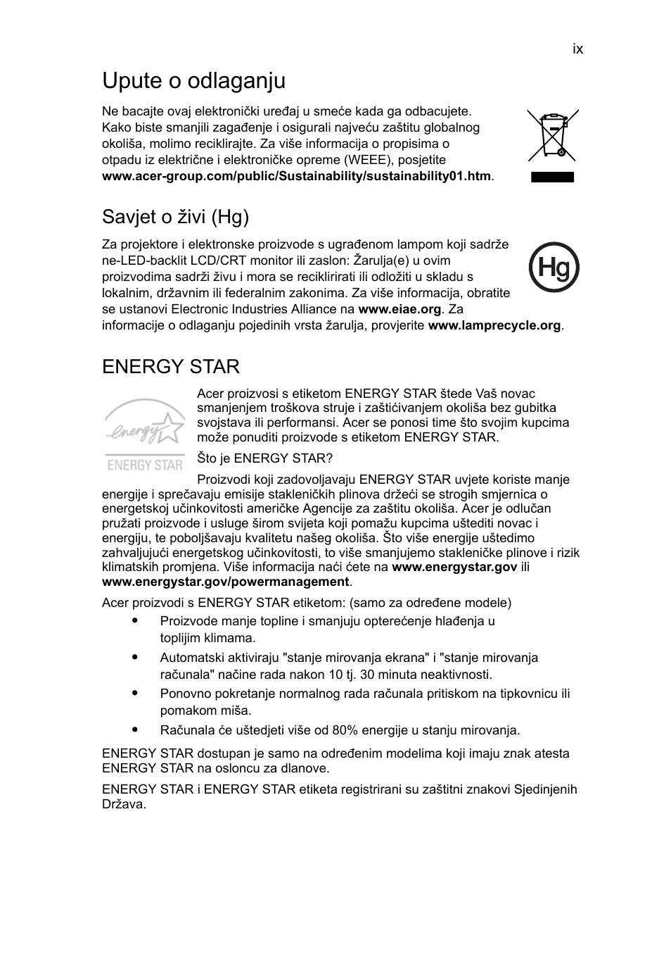 Upute o odlaganju, Savjet o živi (hg), Energy star | Acer Aspire One AO522 User Manual | Page 1077 / 1810