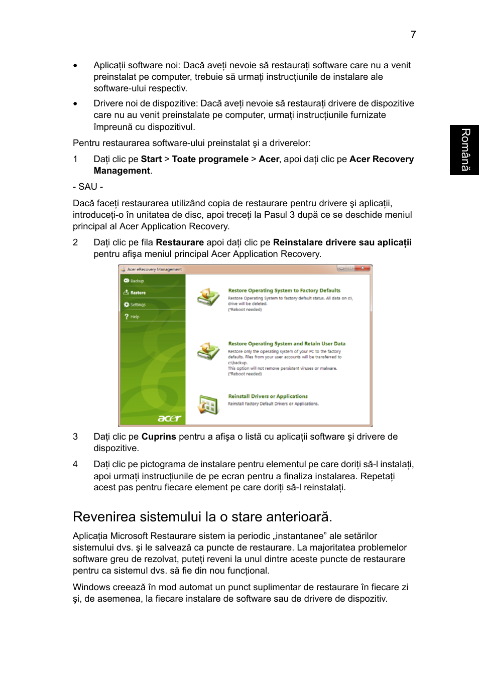 Revenirea sistemului la o stare anterioară | Acer Aspire One AO522 User Manual | Page 1153 / 1810
