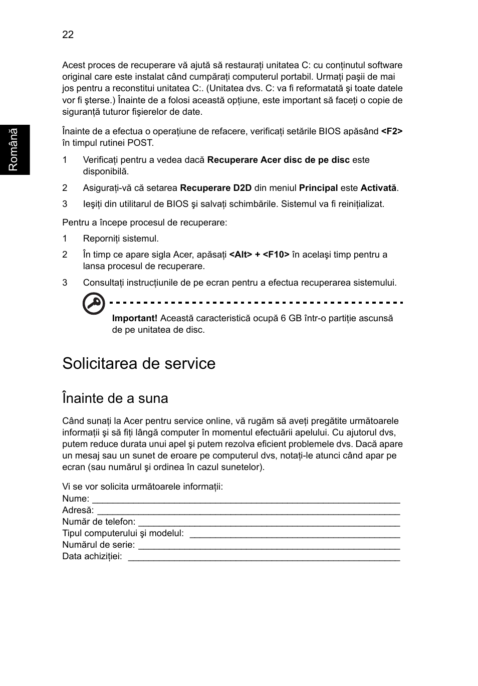 Solicitarea de service, Înainte de a suna | Acer Aspire One AO522 User Manual | Page 1168 / 1810