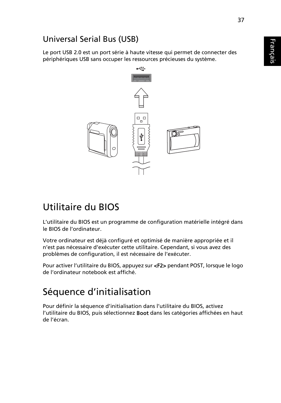 Utilitaire du bios, Universal serial bus (usb), Séquence d’initialisation | Français | Acer Aspire One AO522 User Manual | Page 117 / 1810