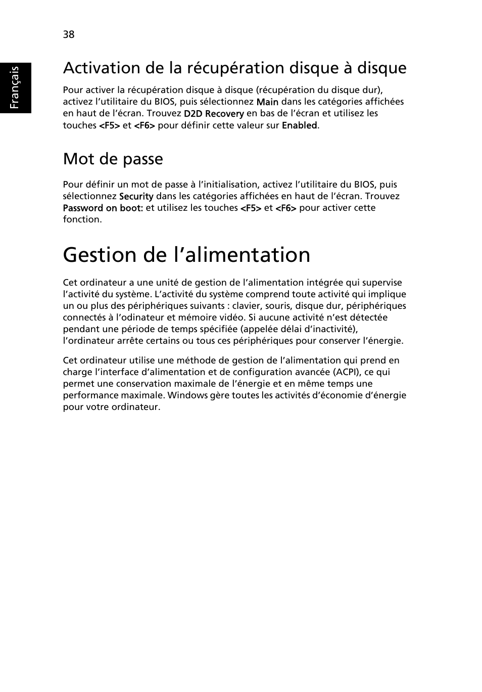 Gestion de l’alimentation, Activation de la récupération disque à disque, Mot de passe | Acer Aspire One AO522 User Manual | Page 118 / 1810