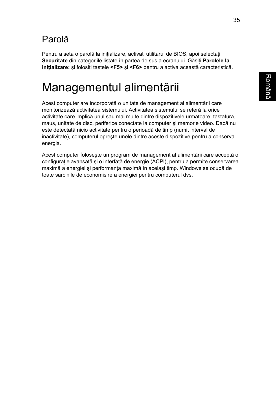 Managementul alimentării, Parolă | Acer Aspire One AO522 User Manual | Page 1181 / 1810