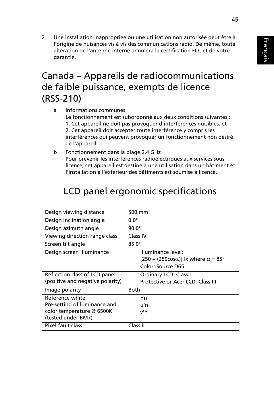 Lcd panel ergonomic specifications, Français | Acer Aspire One AO522 User Manual | Page 125 / 1810